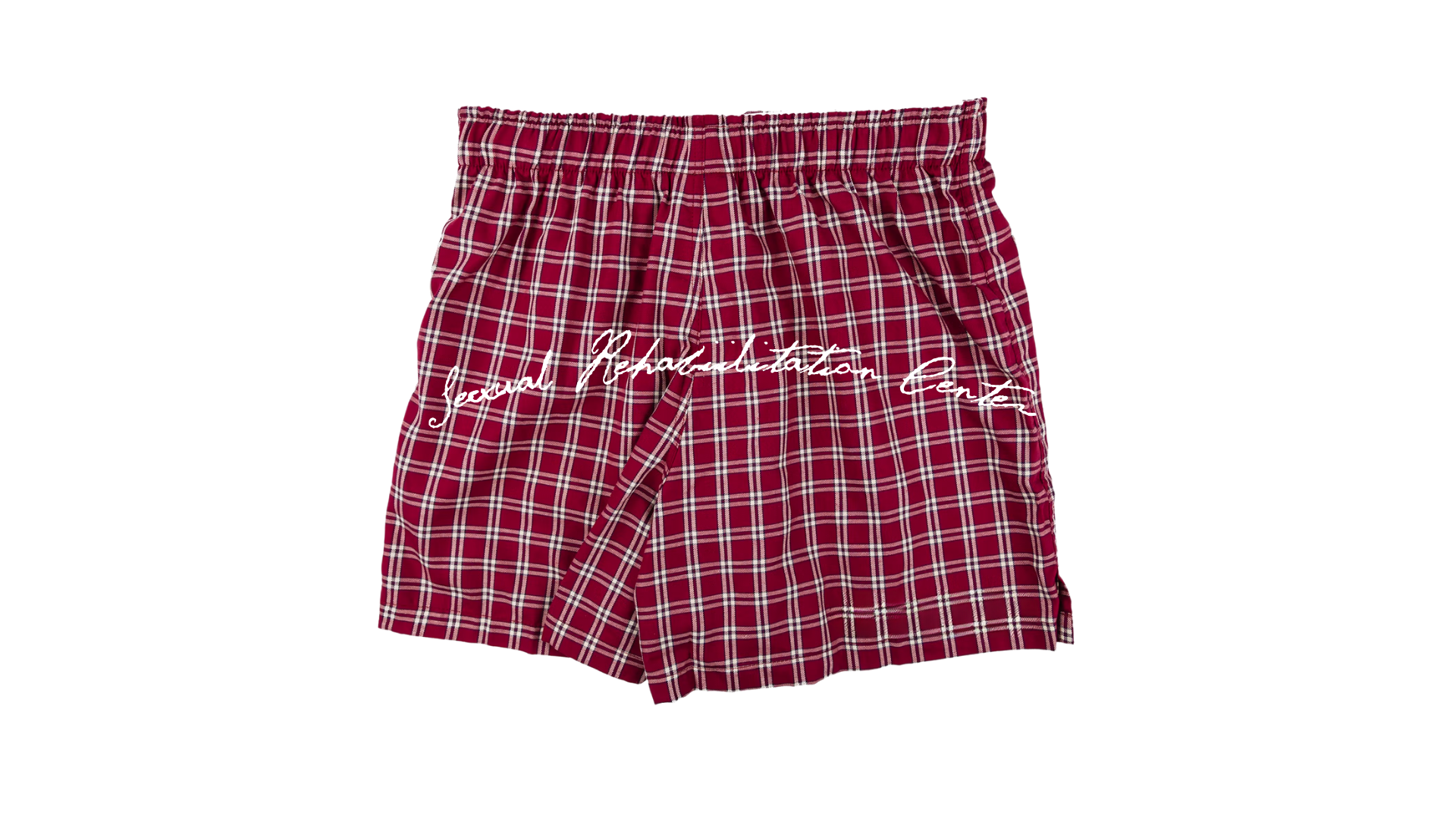 Red and white plaid shorts with a brand logo on a white background