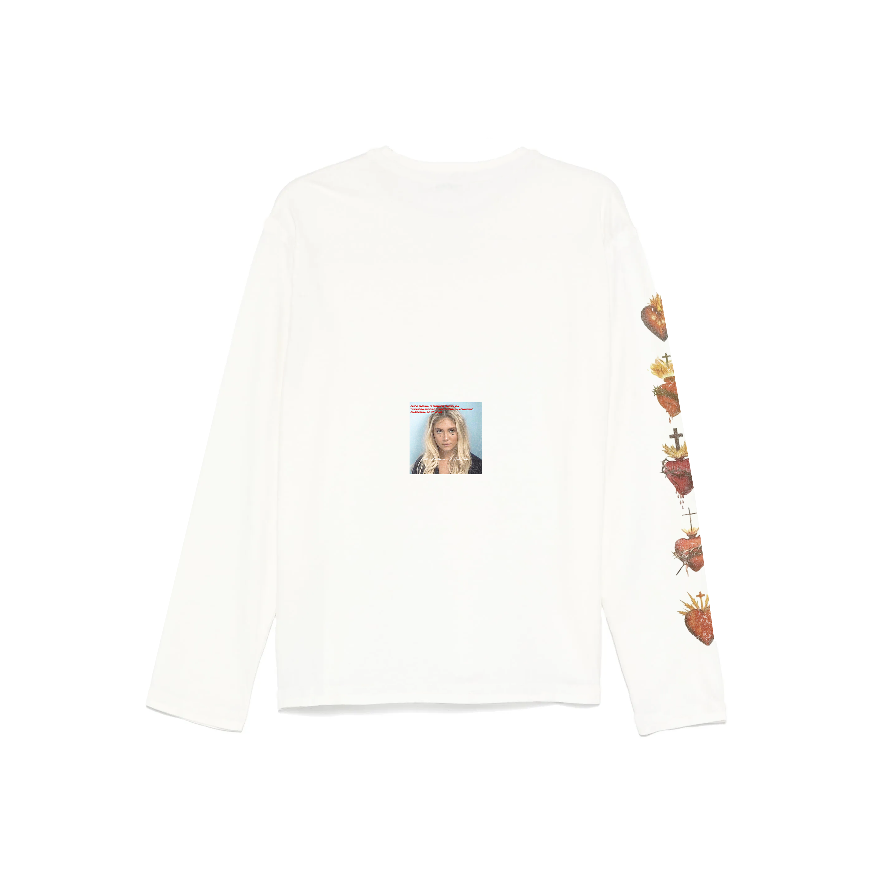 White long-sleeve shirt with a graphic design on the sleeve and a photo of a person on the back.
