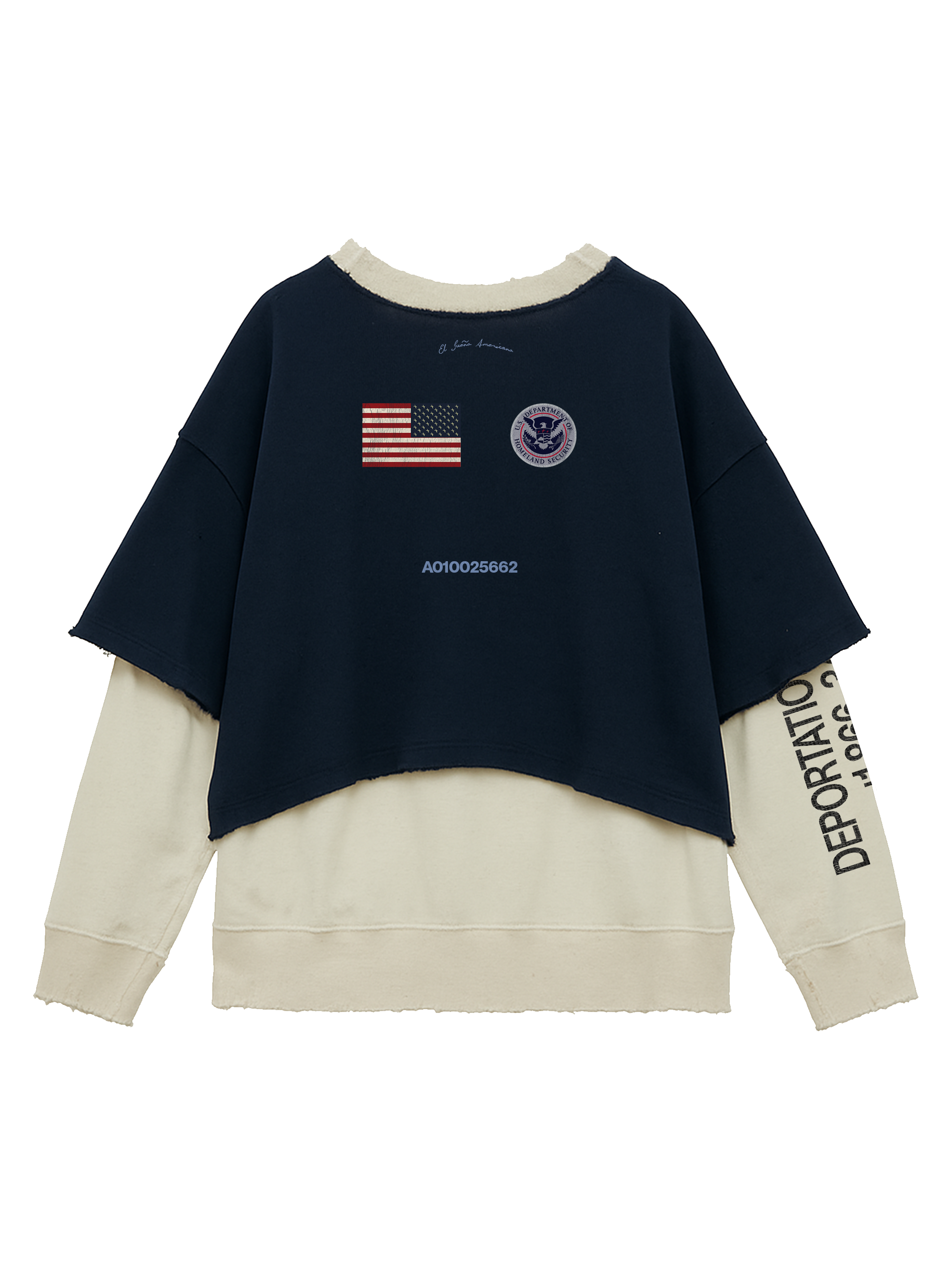 Navy and beige layered sweatshirt with American flag and logo on a white background