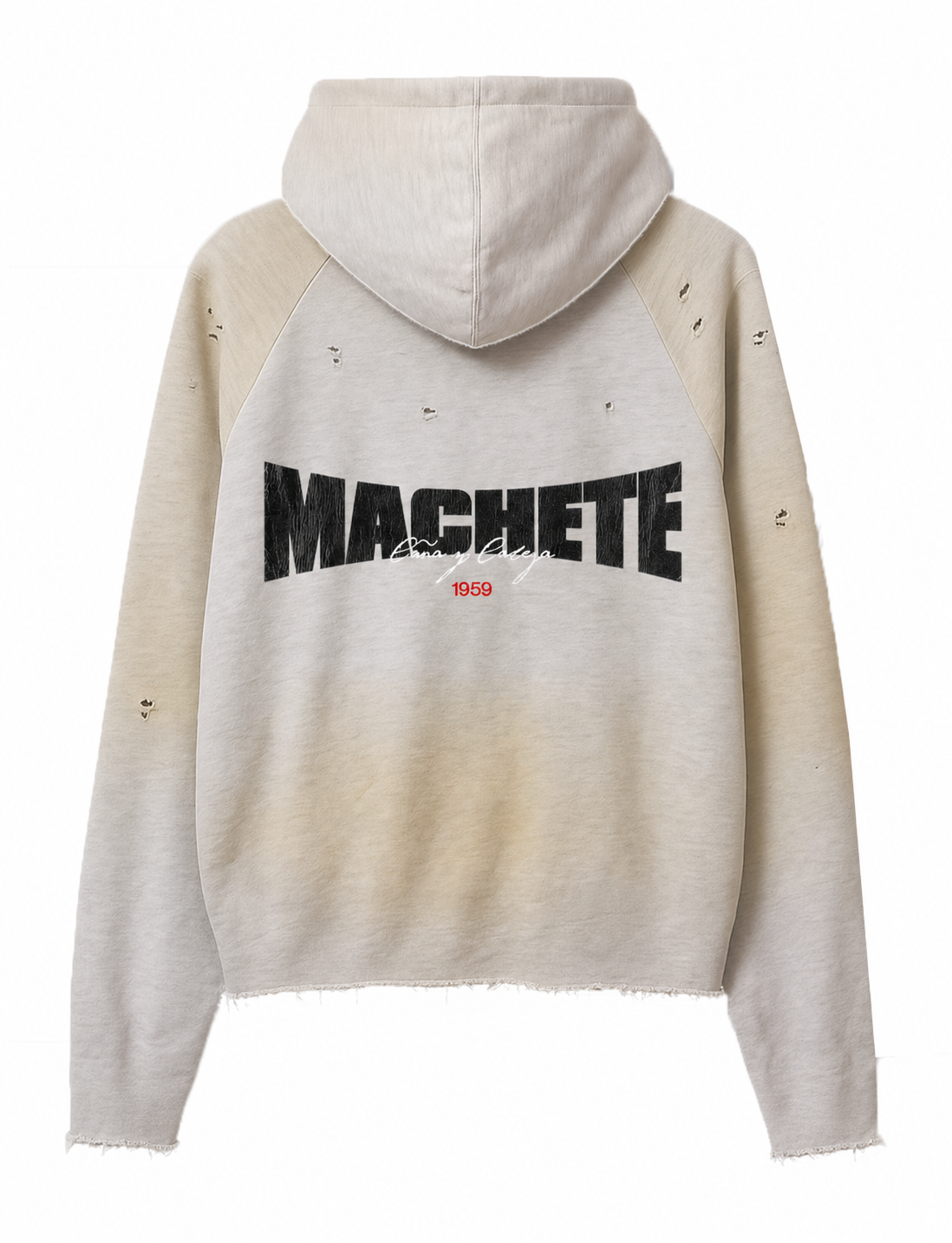 Beige hoodie with 'MACHETE' text on the back against a white background